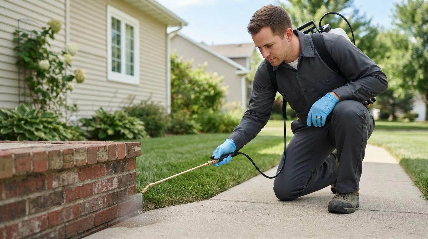 Pest control technician treating a home near Rochester, VT
